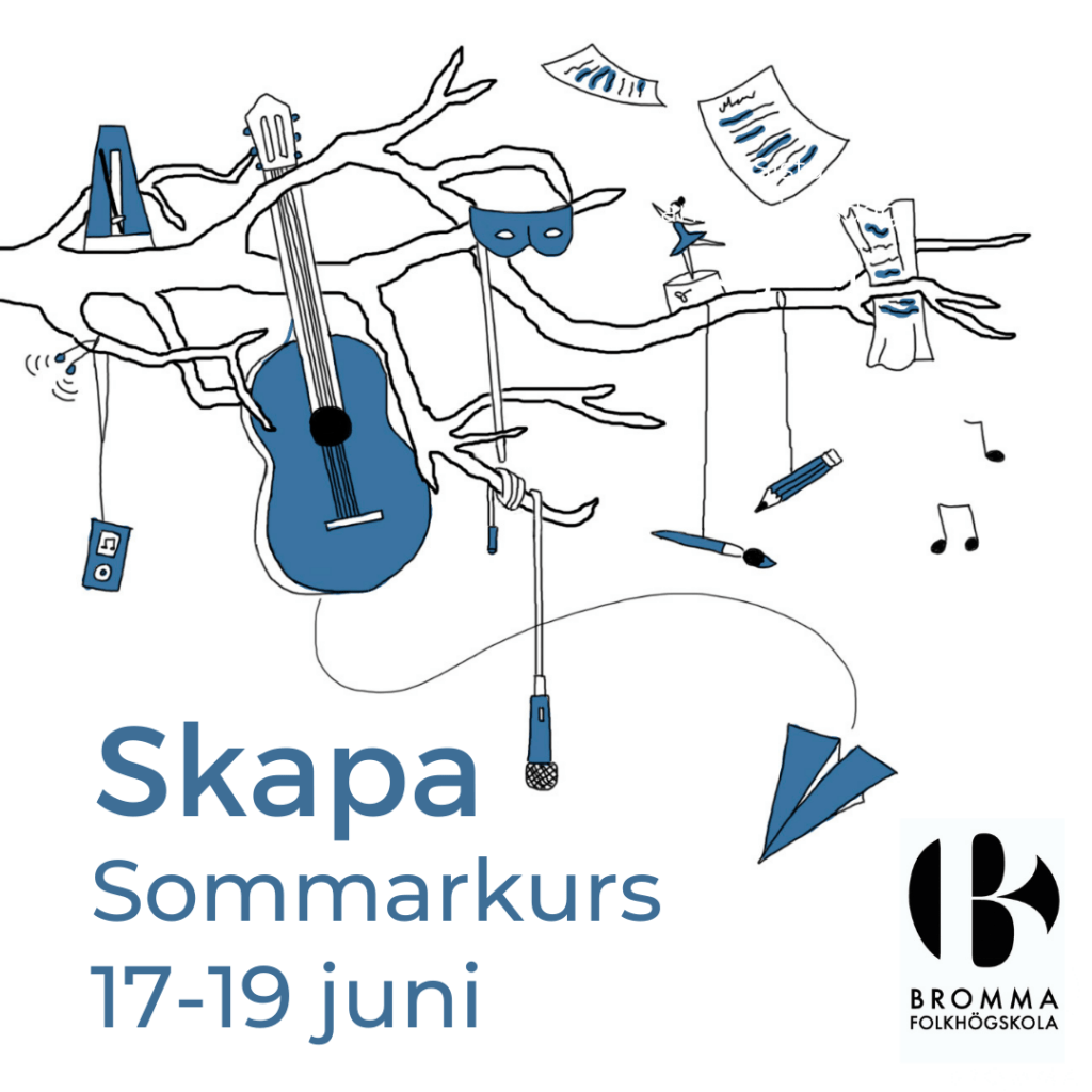 Gitarr, penslar med mera som hänger från gren