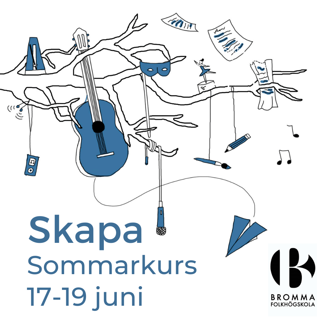 Gitarr, penslar med mera som hänger från gren