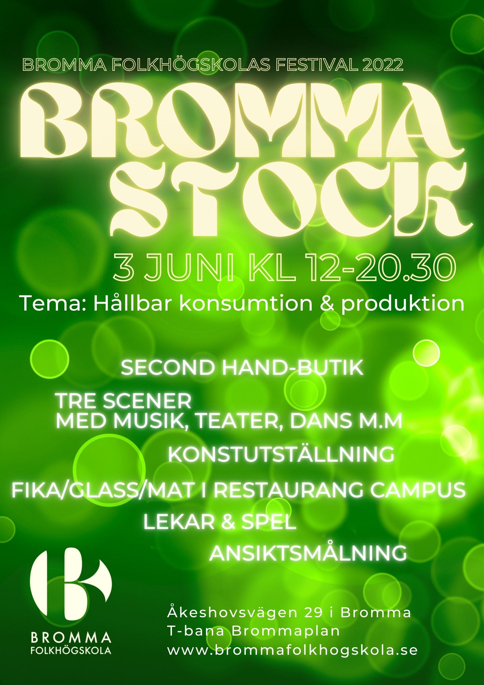 Gröna bubblor och texten Brommastock