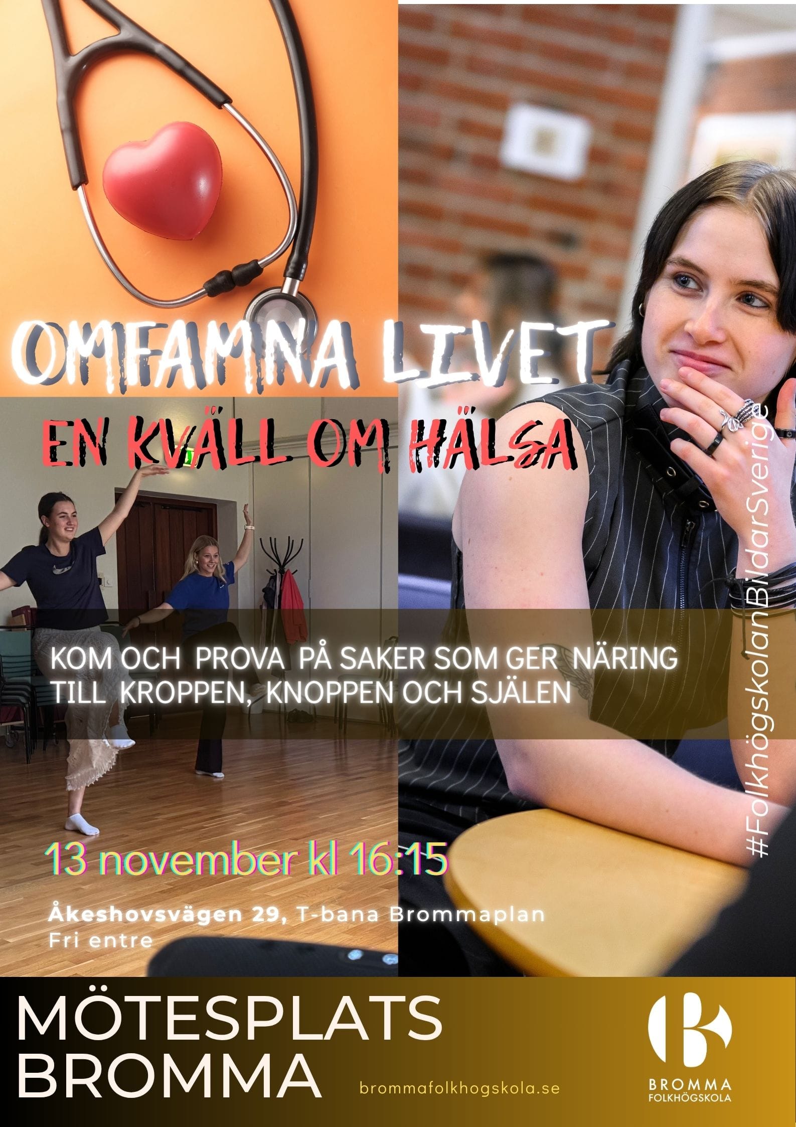 Stetoskop och hjärta, en person som funderar, två personer som dansar